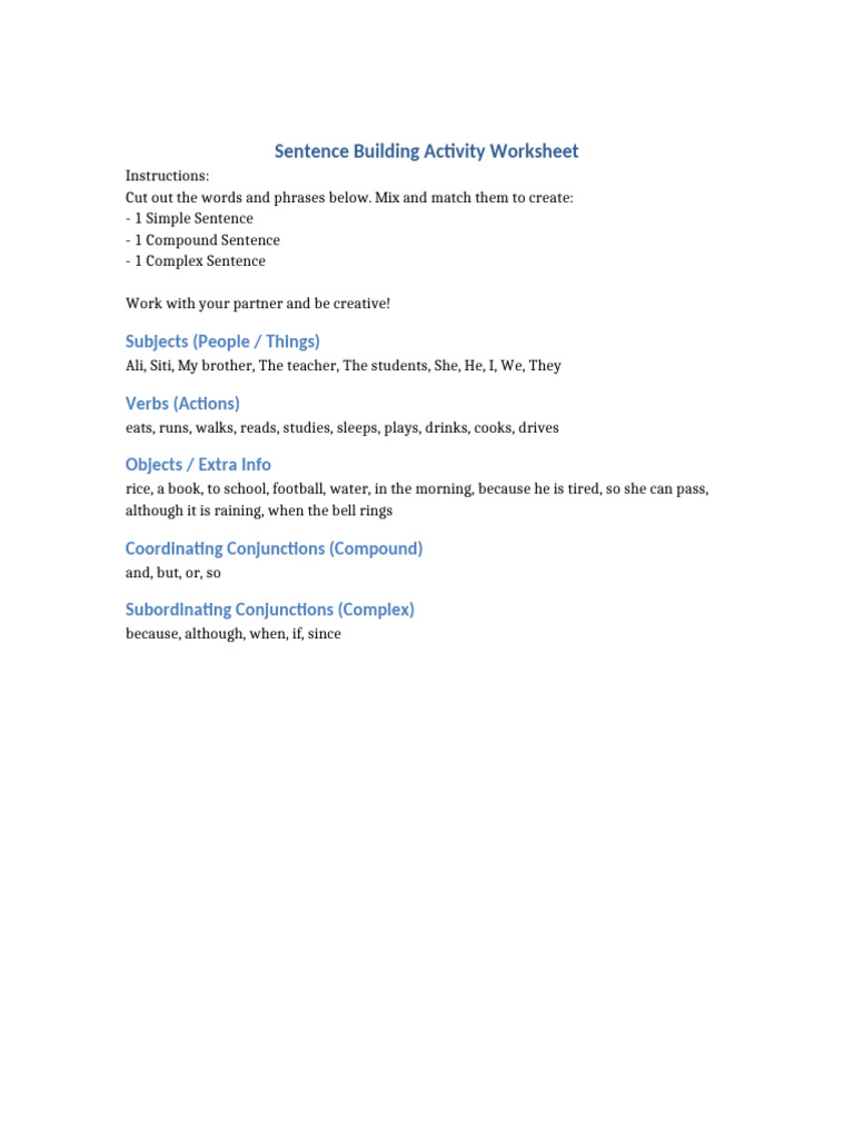 Sentence Building Worksheet | PDF
