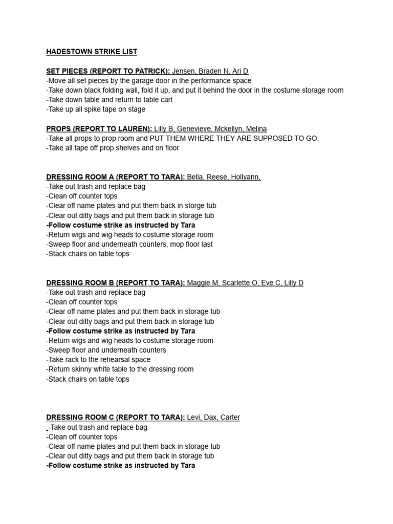 Hadestown Strike List and Prop Duties | PDF