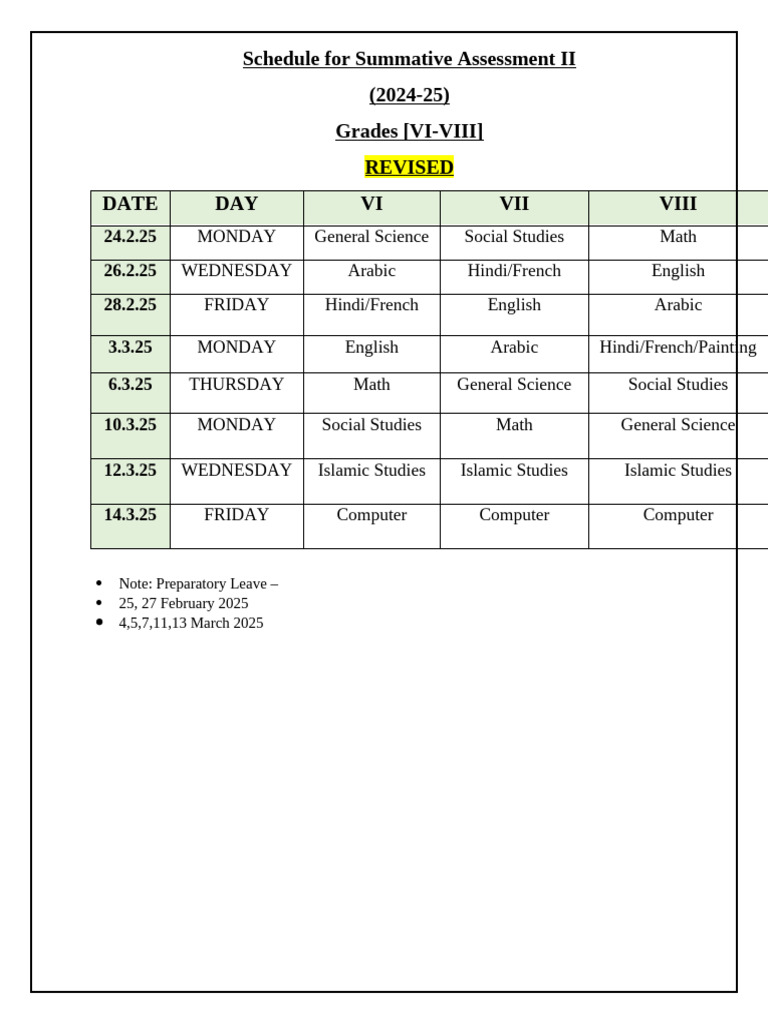 SA2 Timetable for Grades VI-VIII 2025 | PDF