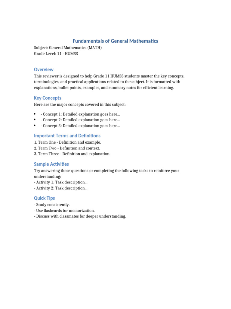 General Math Review for Grade 11 HUMSS | PDF