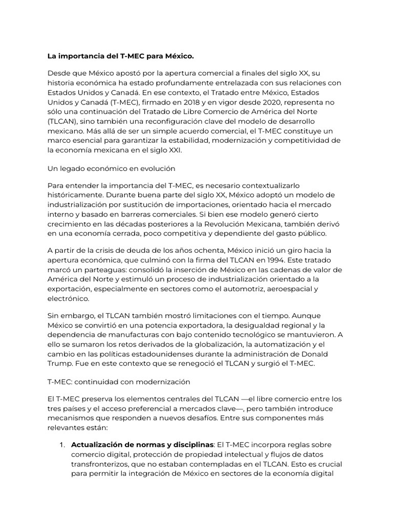 Importancia del T-MEC para México | PDF | Tratado de Libre Comercio ...