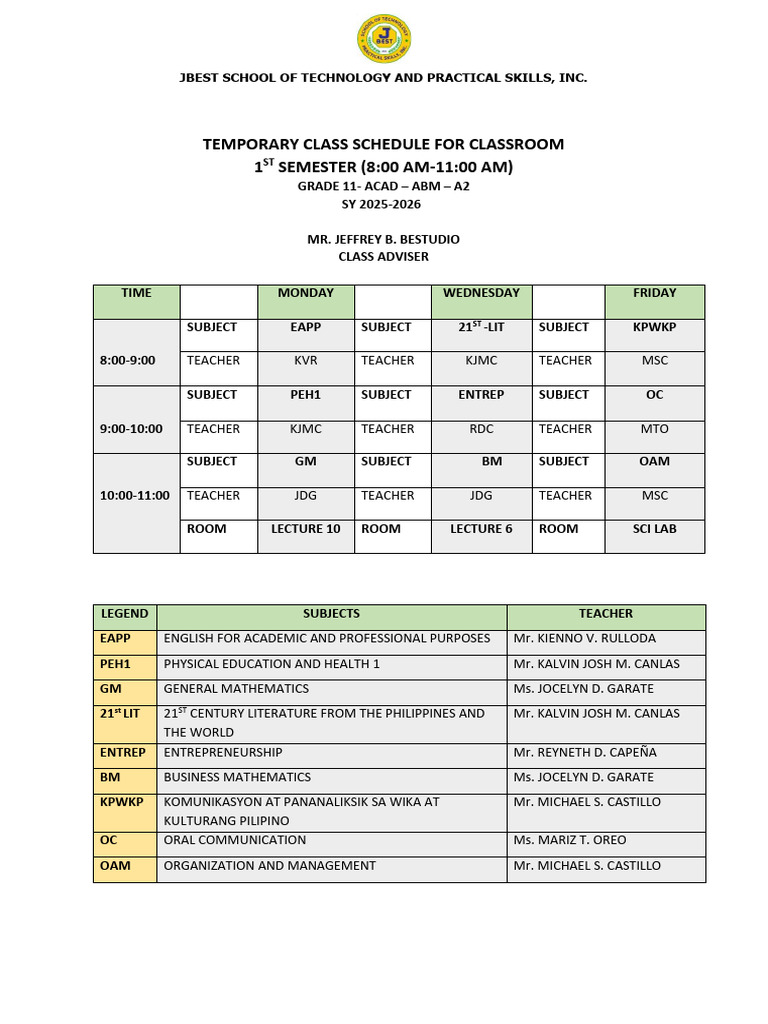 Abm A2 Class Schedule 1 | PDF