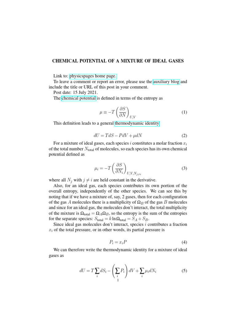 Chemical Potential in Ideal Gas Mixtures | PDF | Gases | Entropy