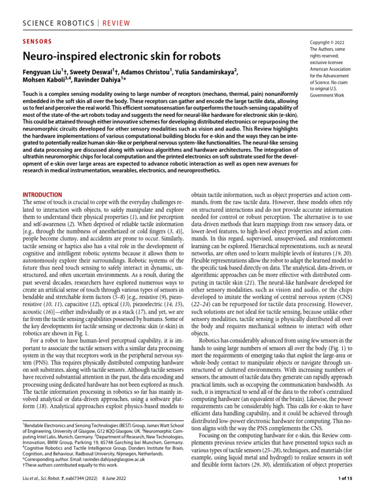 Neuro-Inspired Electronic Skin For Robots | PDF | Somatosensory System ...