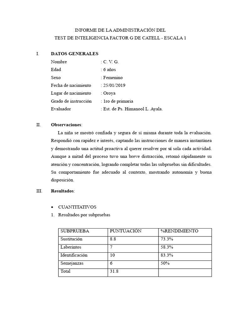 Informe de Cattell Escala 1 | PDF | Cociente de inteligencia | Inteligencia