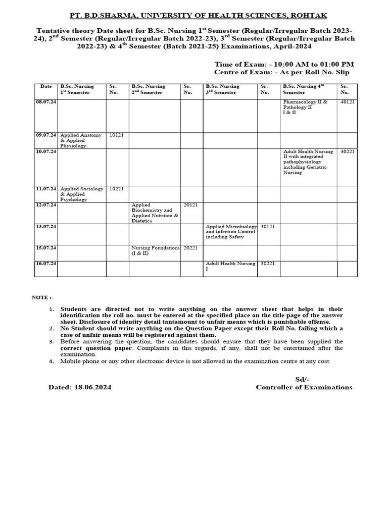 B.Sc. Nursing Exam Date Sheet 2024 | PDF | Health Care | Medicine
