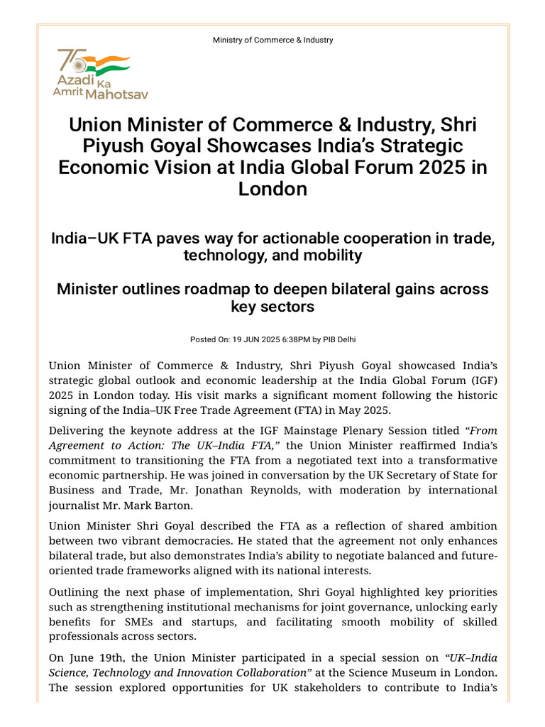 India-UK FTA: Economic Vision Unveiled | PDF | Economies