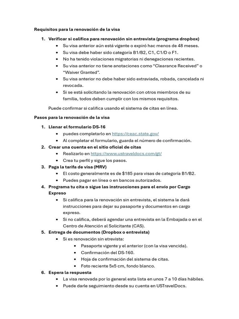 Requisitos para renovar visa sin entrevista | PDF