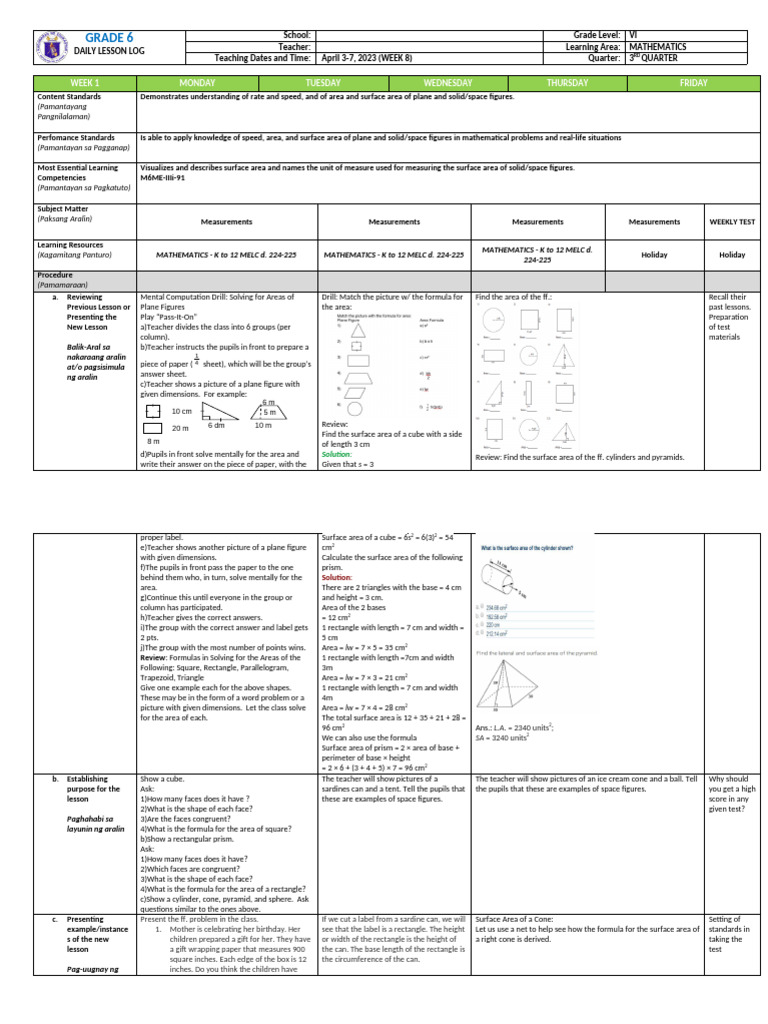 Grade 6 Math Lesson: Surface Area Concepts | PDF | Area | Length