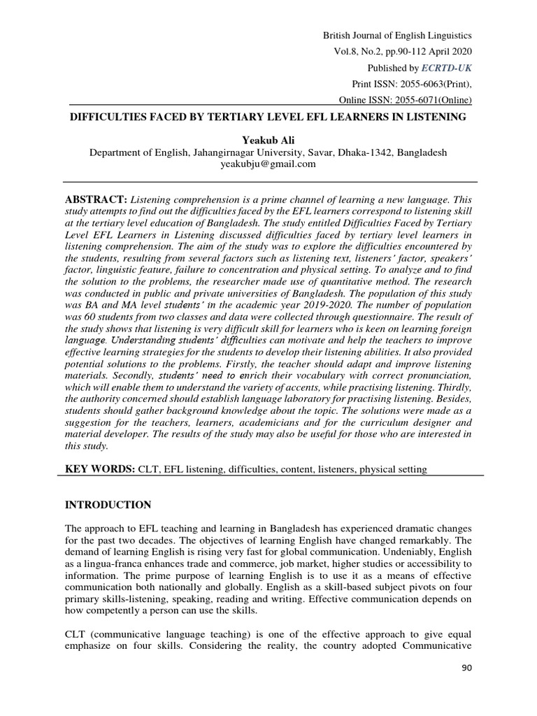 EFL Learners' Listening Challenges | PDF | English As A Second Or ...