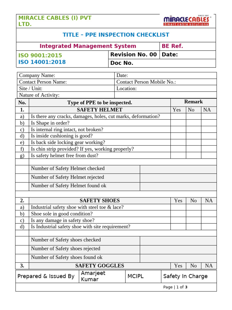 PPE Inspection Checklist for Safety Gear | PDF