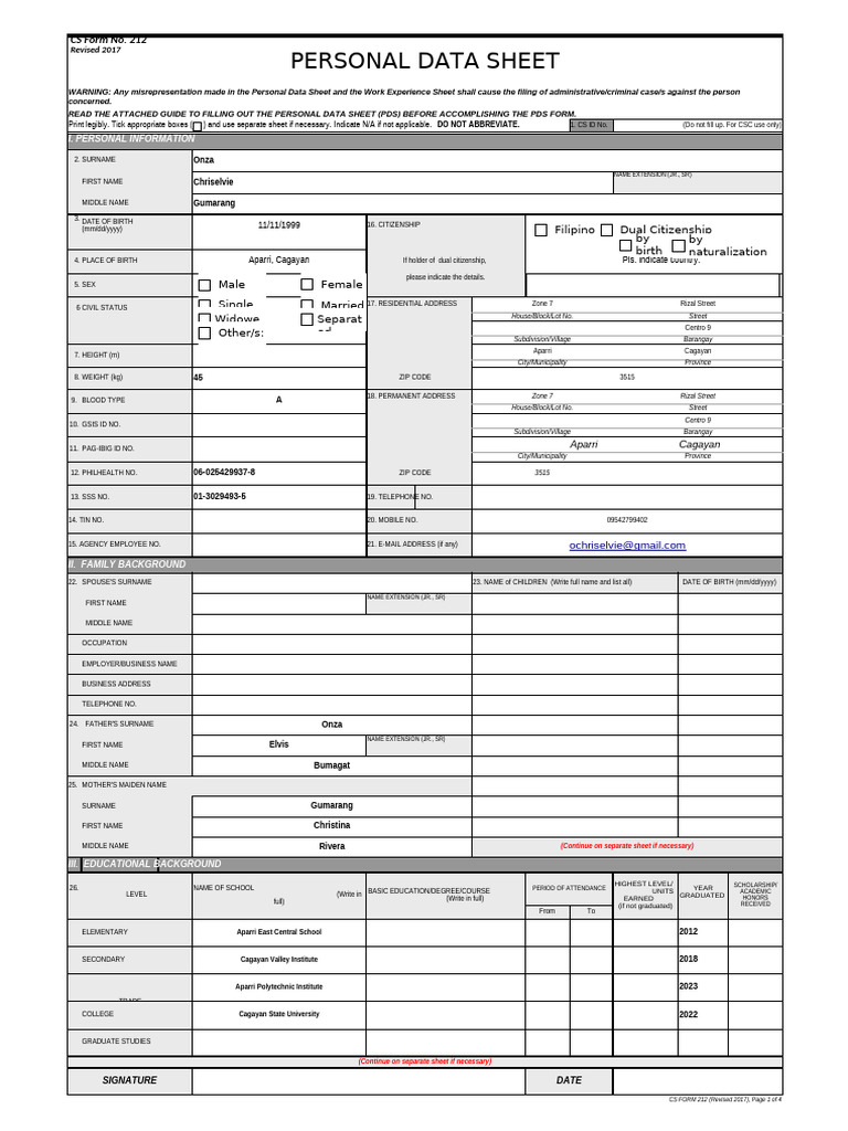 Sample Personal Data Sheet (CS Form 212) | PDF | Affidavit | Government