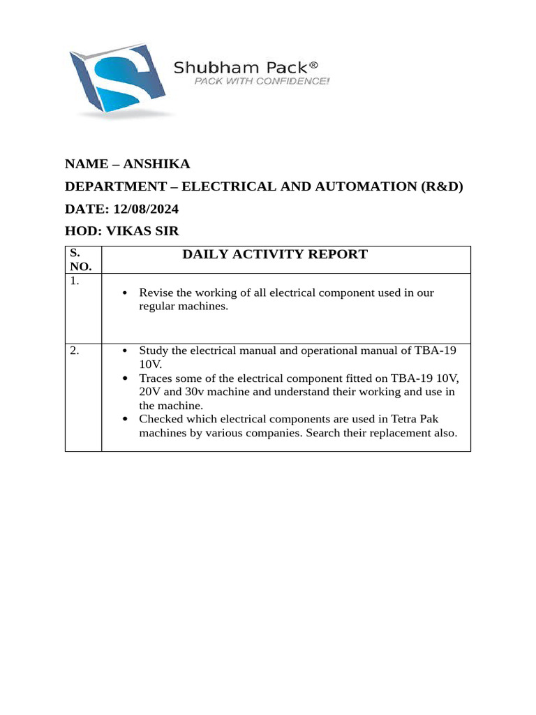 Daily Electrical Activity Report | PDF
