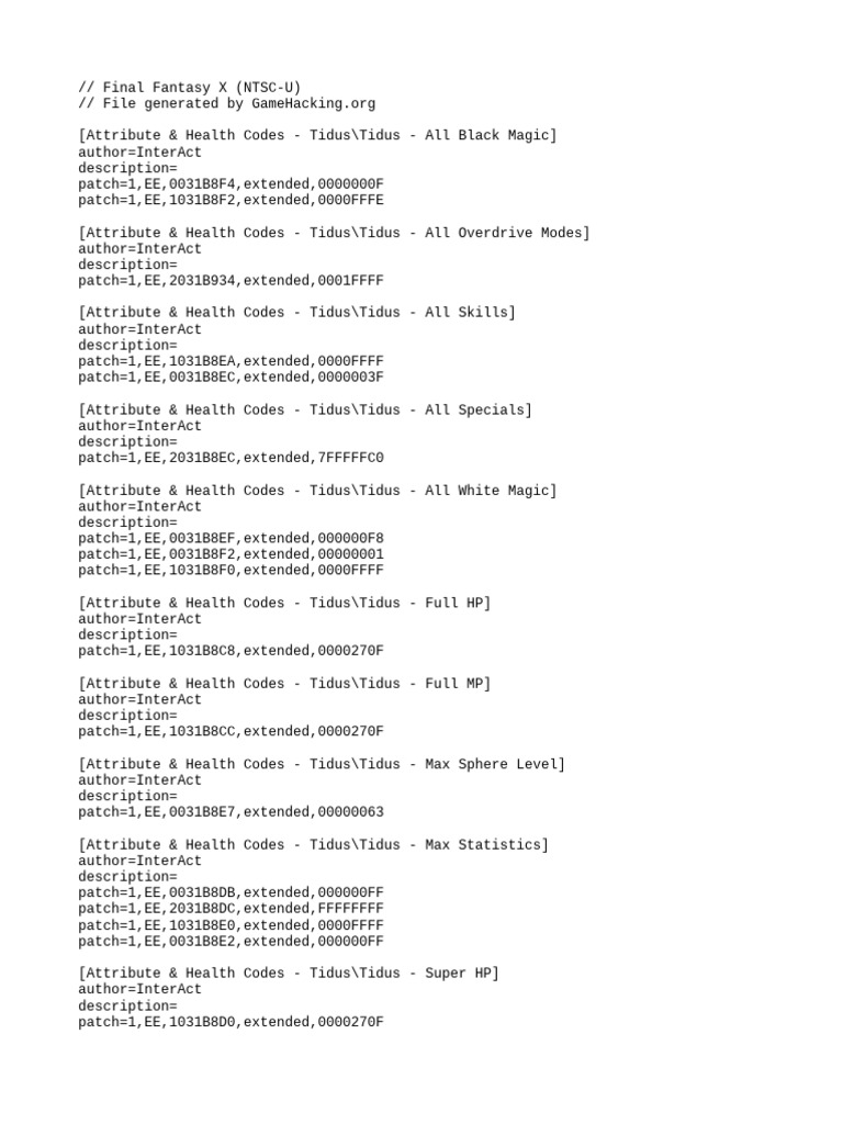Final Fantasy X Cheat Codes Guide | PDF