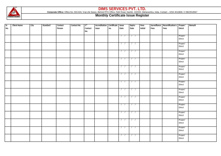 Monthly Issue Register | PDF