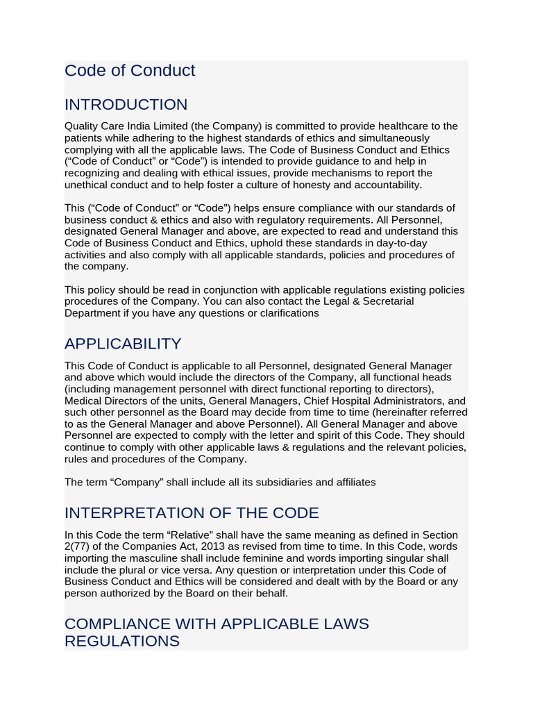 Quality Care India Code of Conduct | PDF | Conflict Of Interest ...