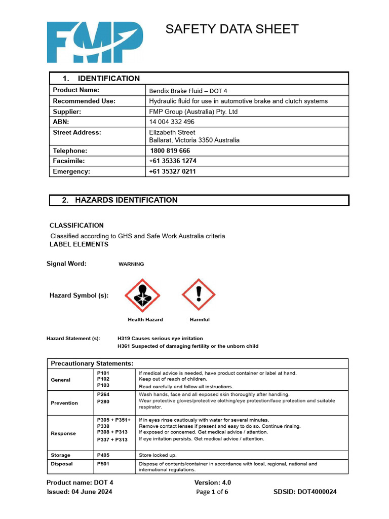 Bendix DOT 4 Brake Fluid Safety Guide | PDF | Dangerous Goods | Toxicity