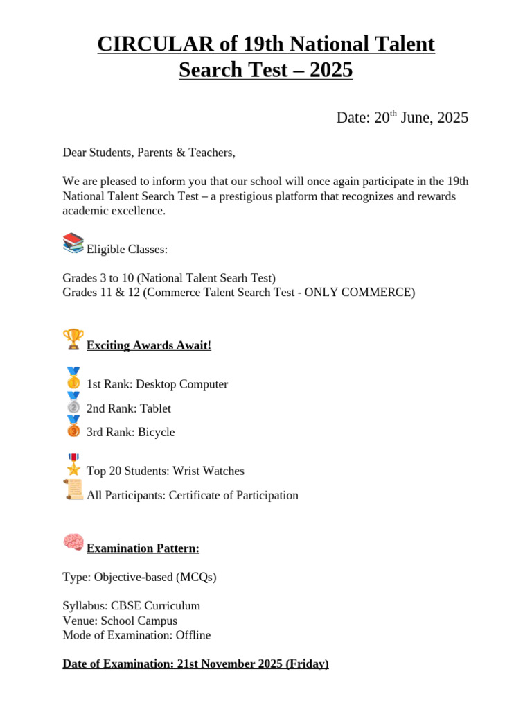 CIRCULAR of 19th National Talent Search Test - 2025: Date: 20 June ...