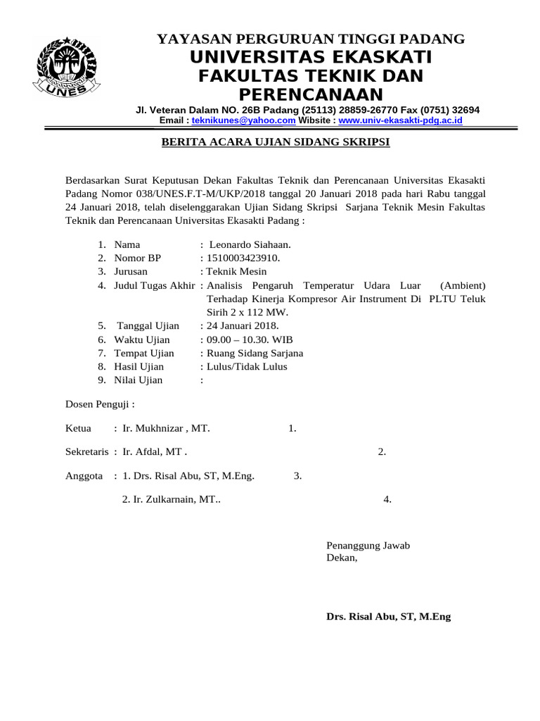 Berita Acara Ujian Skripsi Teknik Mesin | PDF
