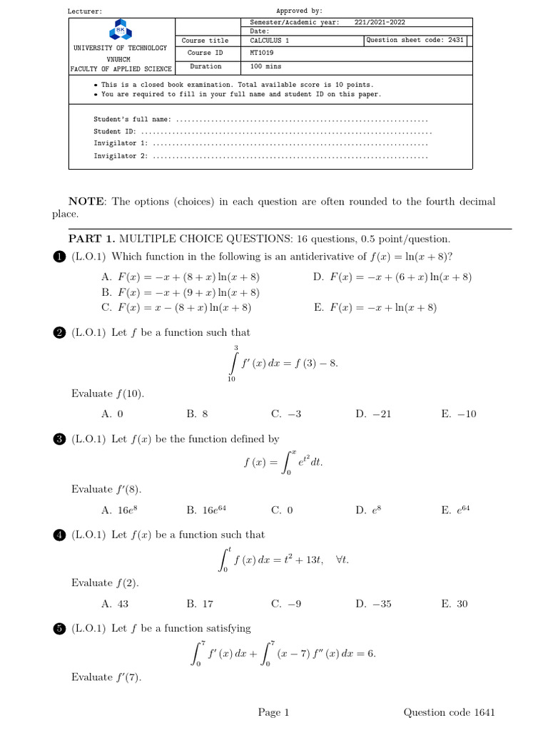 Calculus 1 Exam Question Sheet | PDF | Mathematical Analysis | Mathematics