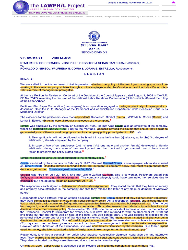 Employer Spousal Ban Legality Case | PDF | Employment | Labour Law