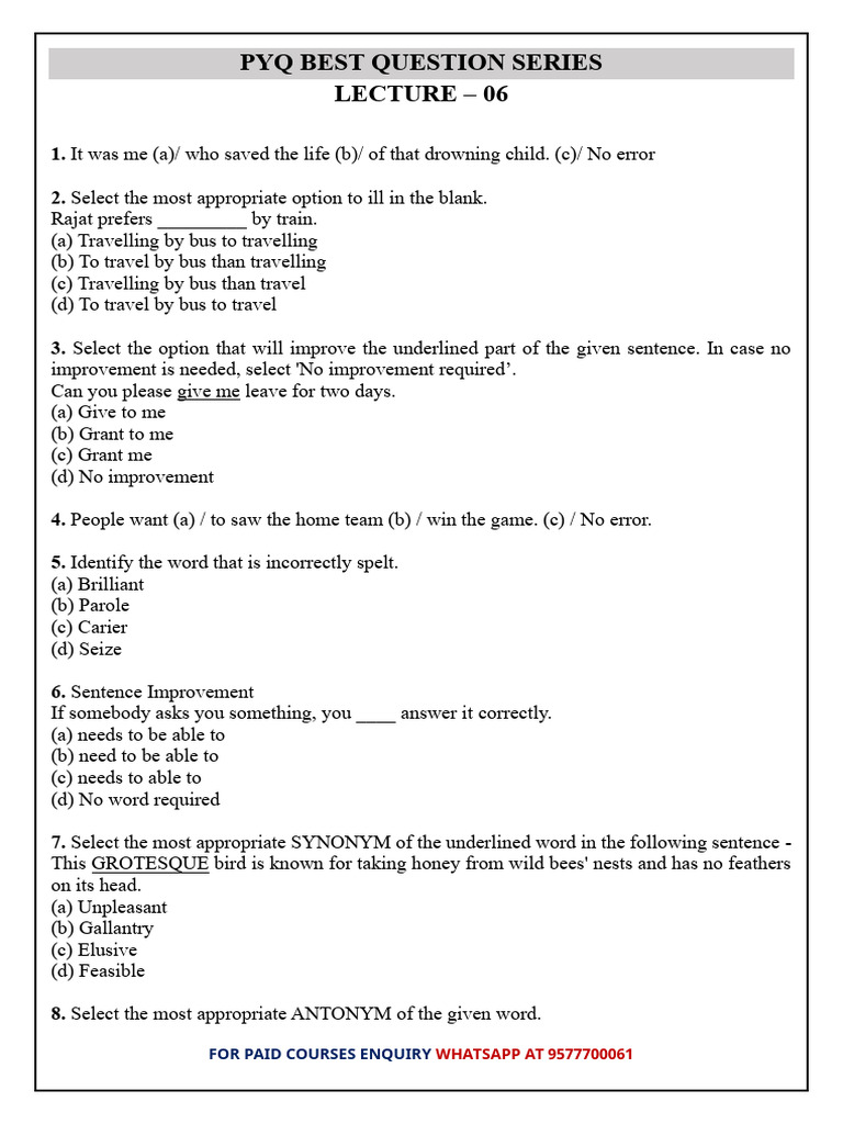 Pyq Best Question Series Lecture - 06: For Paid Courses Enquiry | PDF ...