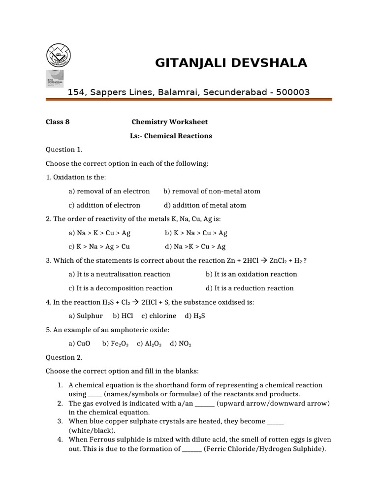 Class 8 Chemical Reactions Worksheet | PDF | Chemical Reactions | Redox