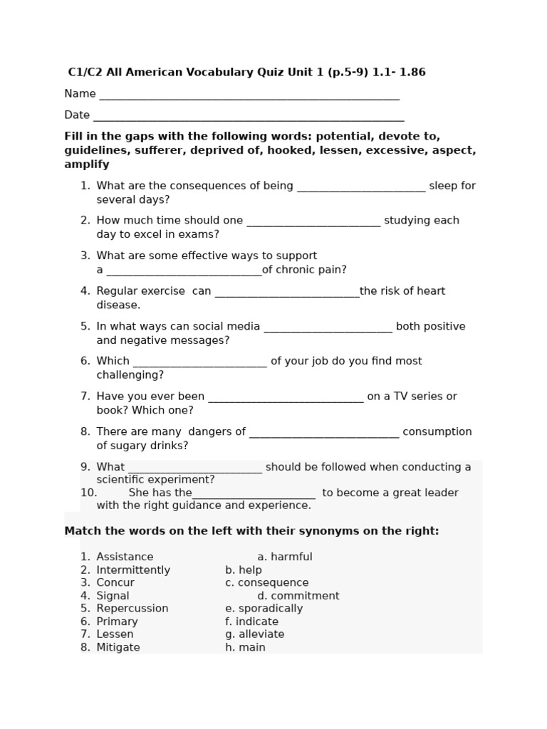 Unit 1 Vocabulary Quiz P.P. 5-9 | PDF