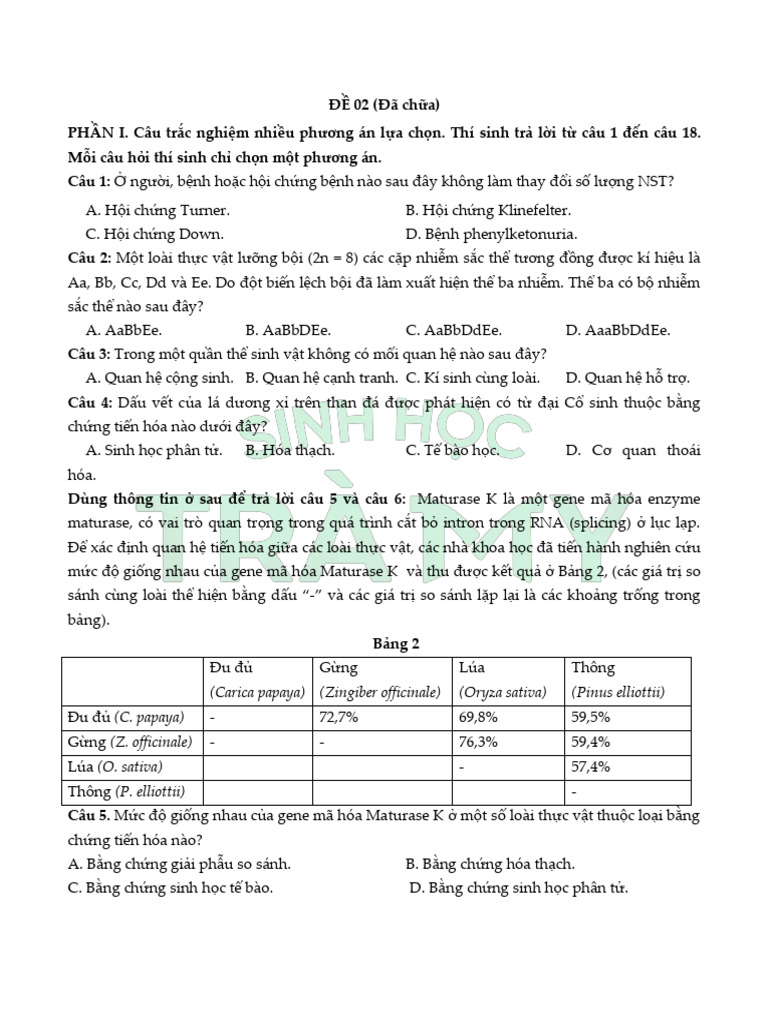 Sinh Hoc Tra My de 03 | PDF