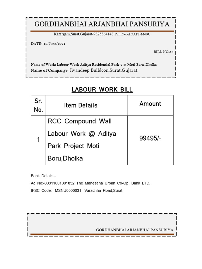 Labour Work Bill for Aditya Park | PDF