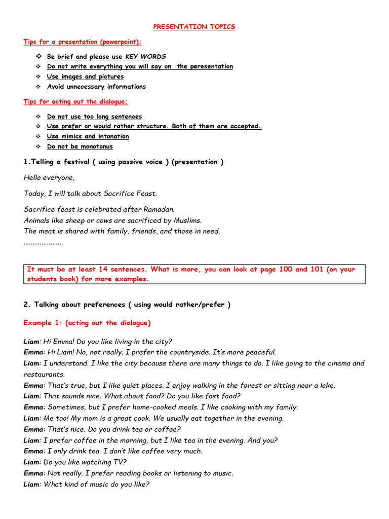 Presentation Tips and Topics Guide | PDF | Meal | Fluency