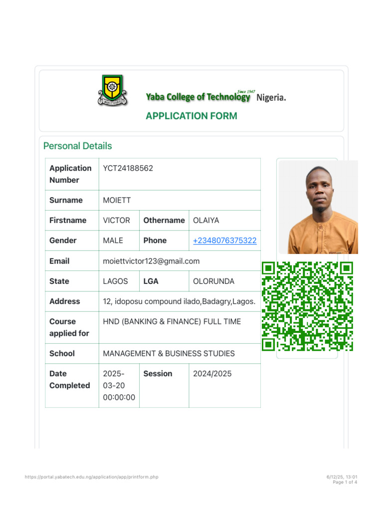Yabatech Application Portal - MOIETT VICTOR-YCT24188562 | PDF ...