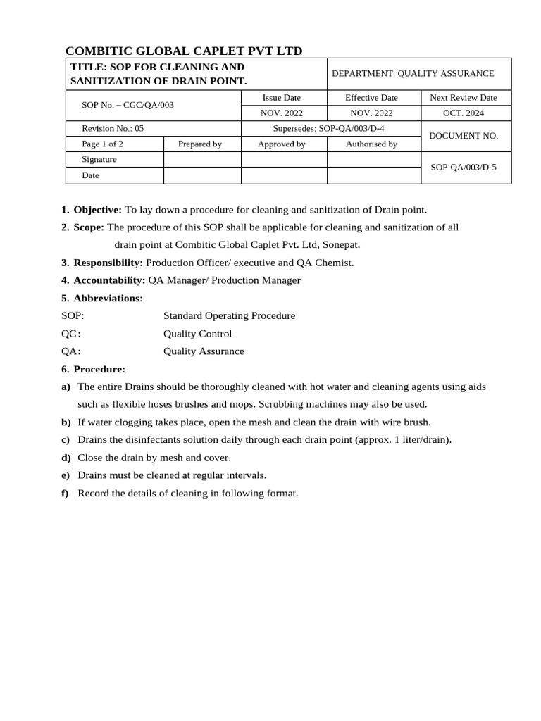 Drain Cleaning SOP for Combitic Global | PDF | Quality