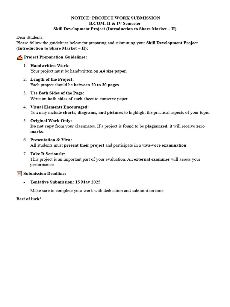 B.Com Skill Development Project Guidelines | PDF
