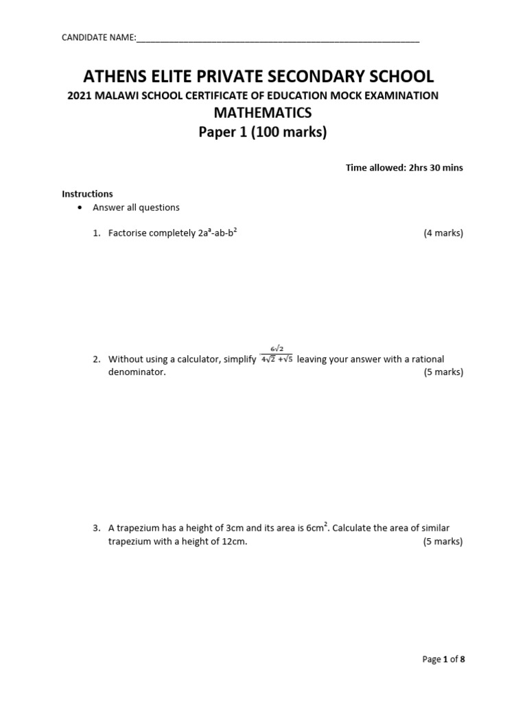 Athens 2021 Msce Maths P1mock | PDF | Area | Mathematics