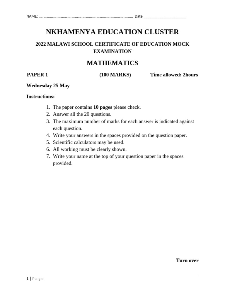 2022 Malawi MSCE Mock Math Exam | PDF | Circle | Area