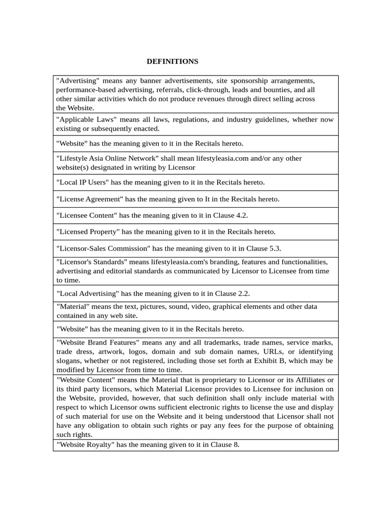 Key Definitions for Advertising Agreement | PDF | License | Revenue