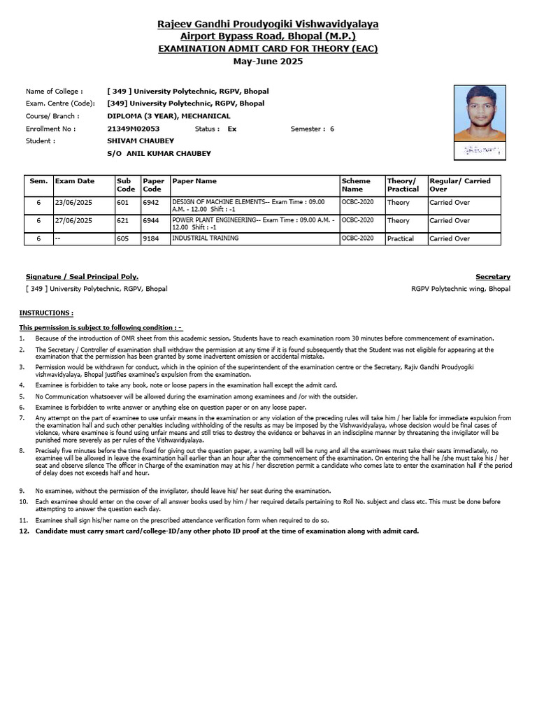 RGPV Exam Admit Card Instructions | PDF | Justice | Crime & Violence
