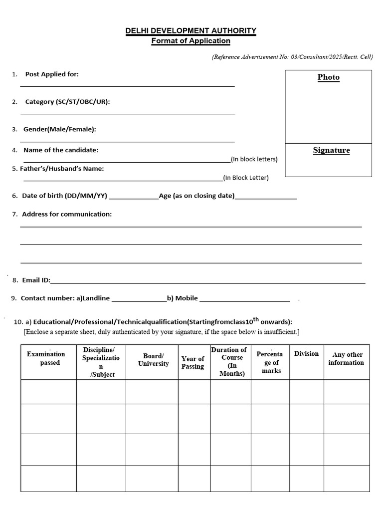 DDA Consultant Application Format | PDF
