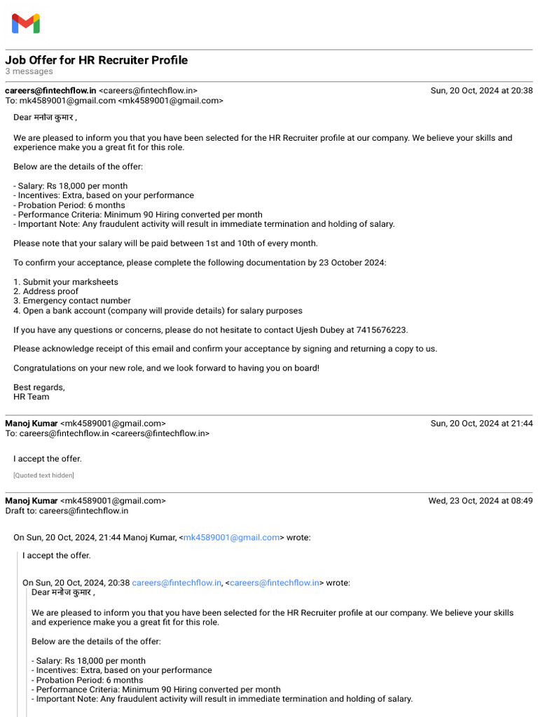 HR Recruiter Job Offer Details | PDF