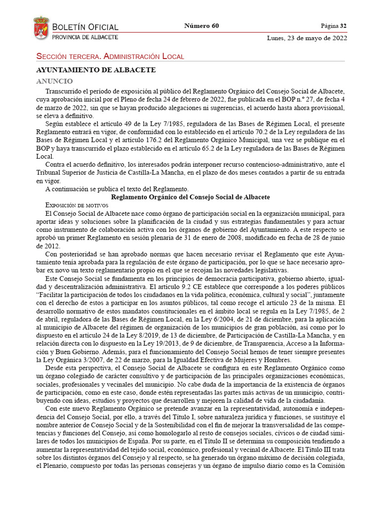 Reglamento Orgánico Del Consejo Social de Albacete | PDF