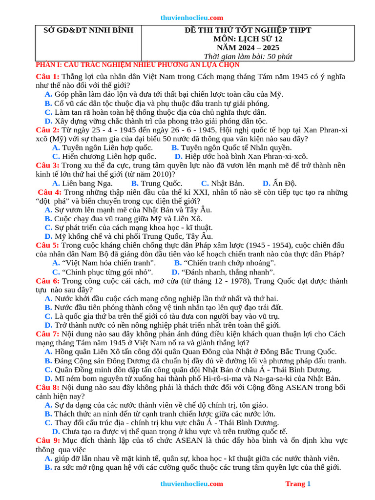 De Thi Thu TN THPT 2025 Lich Su So GD Ninh Binh | PDF