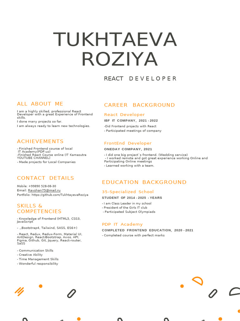 Tukhtaeva Roziya: React Developer | PDF