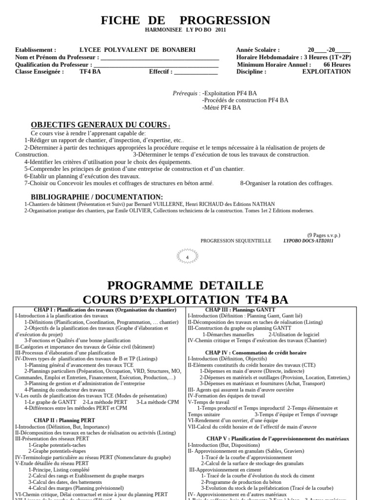 Progression Cours Exploitation TF4 BA | PDF | Dépréciation | Planification