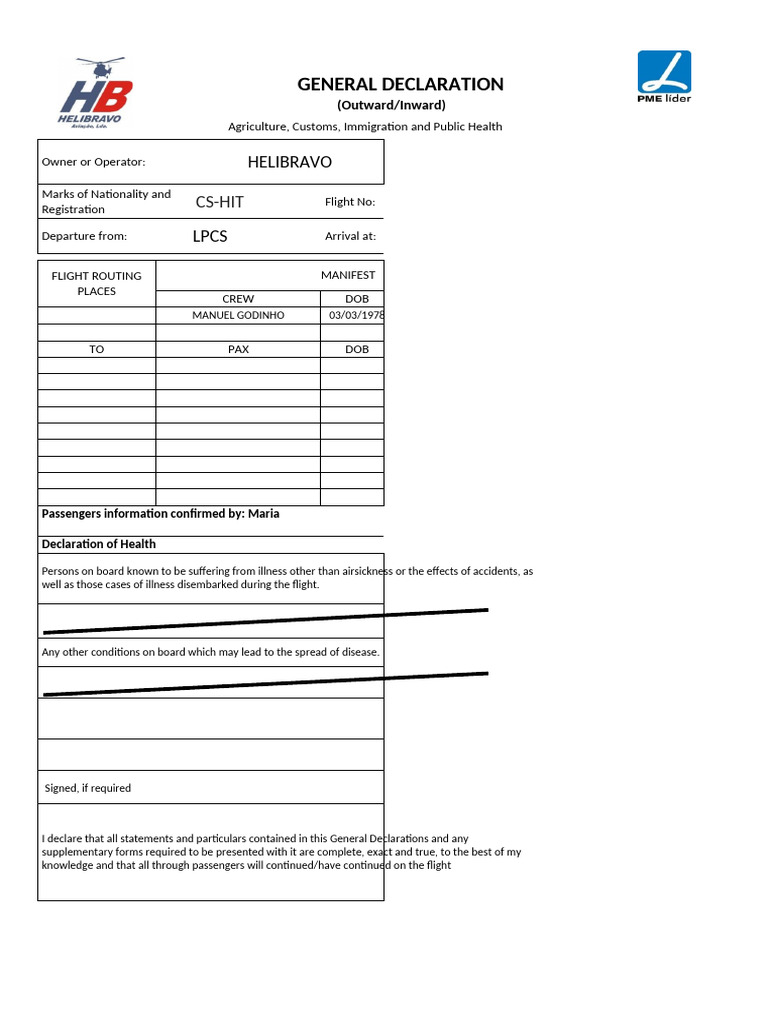 General Declaration for Flight CS-HIT | PDF