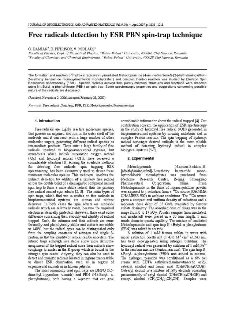 Free Radicals Detection by ESR PBN SpinTrap Technique PDF Electron
