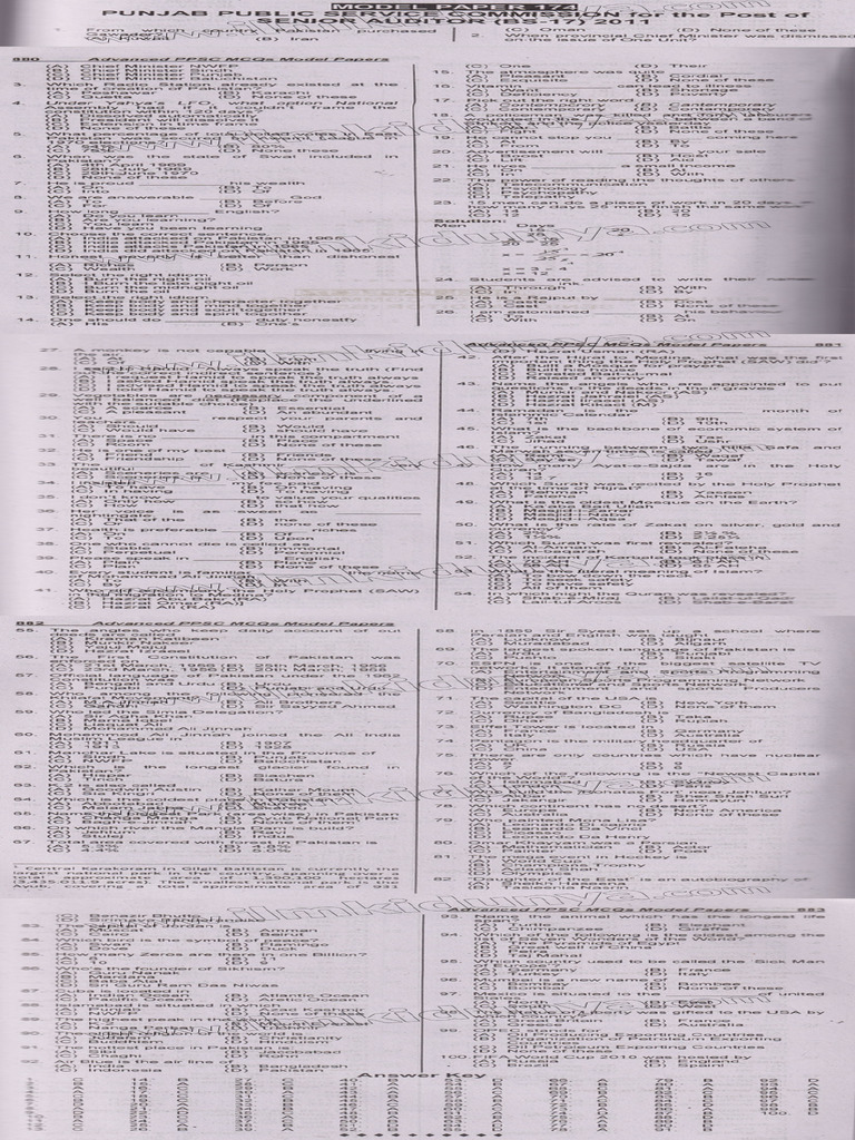 Past Paper 2011 PPSC Finance Department Senior Auditor BS 17 Paper 174 ...