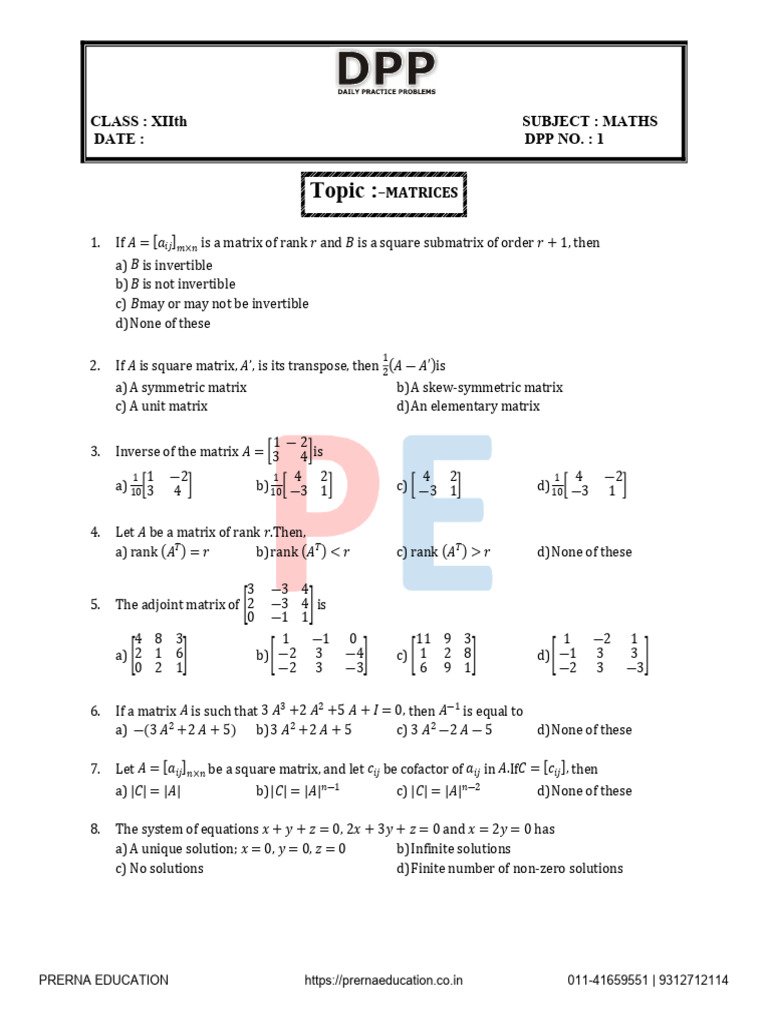 Matrix Concepts for Class XII Maths | PDF | Matrix (Mathematics ...