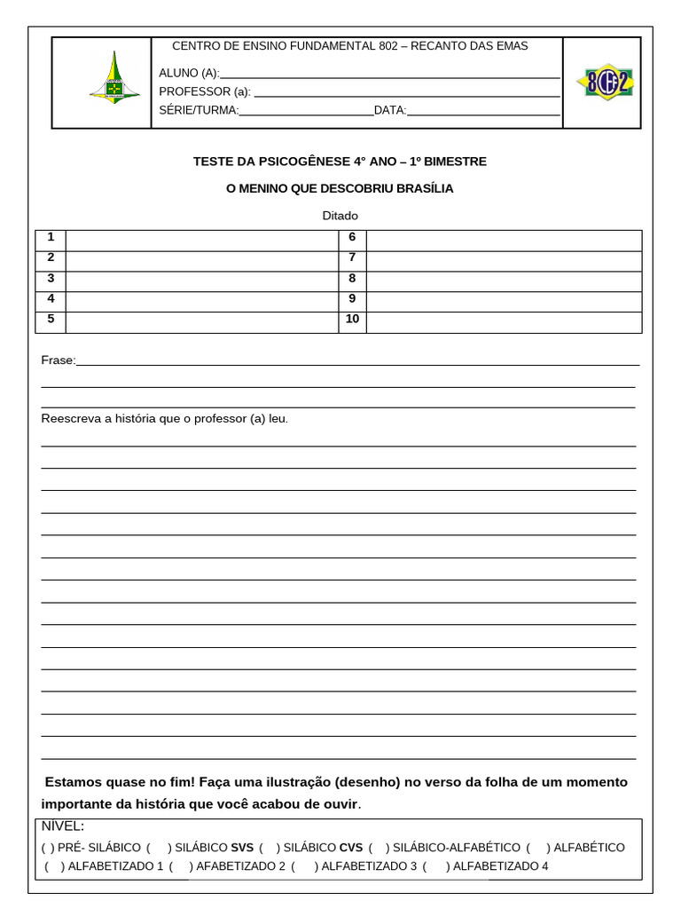 Teste de Psicogênese 4º Ano - 1º Bimestre | PDF