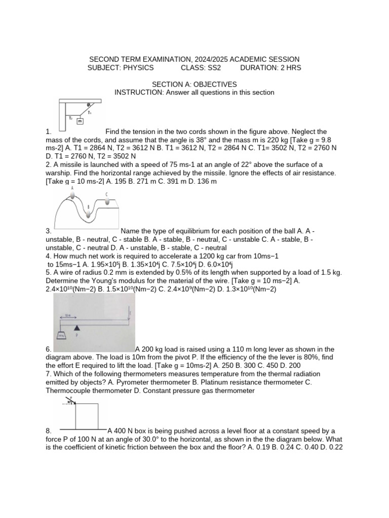 SS2 Physics Second Term Exam 2024/2025 | PDF | Force | Thermometer